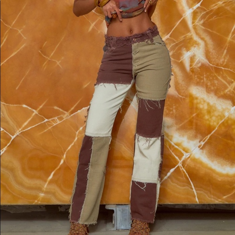 BROWN PATCHWORK DENIM BOYFRIEND JEANS